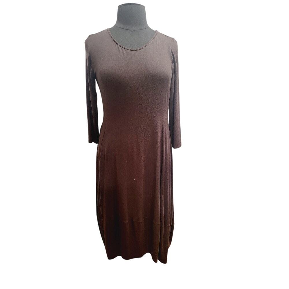Comfy USA Dress Women's Sz‎ XL Midi Lagenlook Modal Ballon Hem Brown Stretch